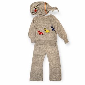 Vintage 3pc "Cat Scratch" Acrylic Sweater Set & Pompom Hat Size 2/3